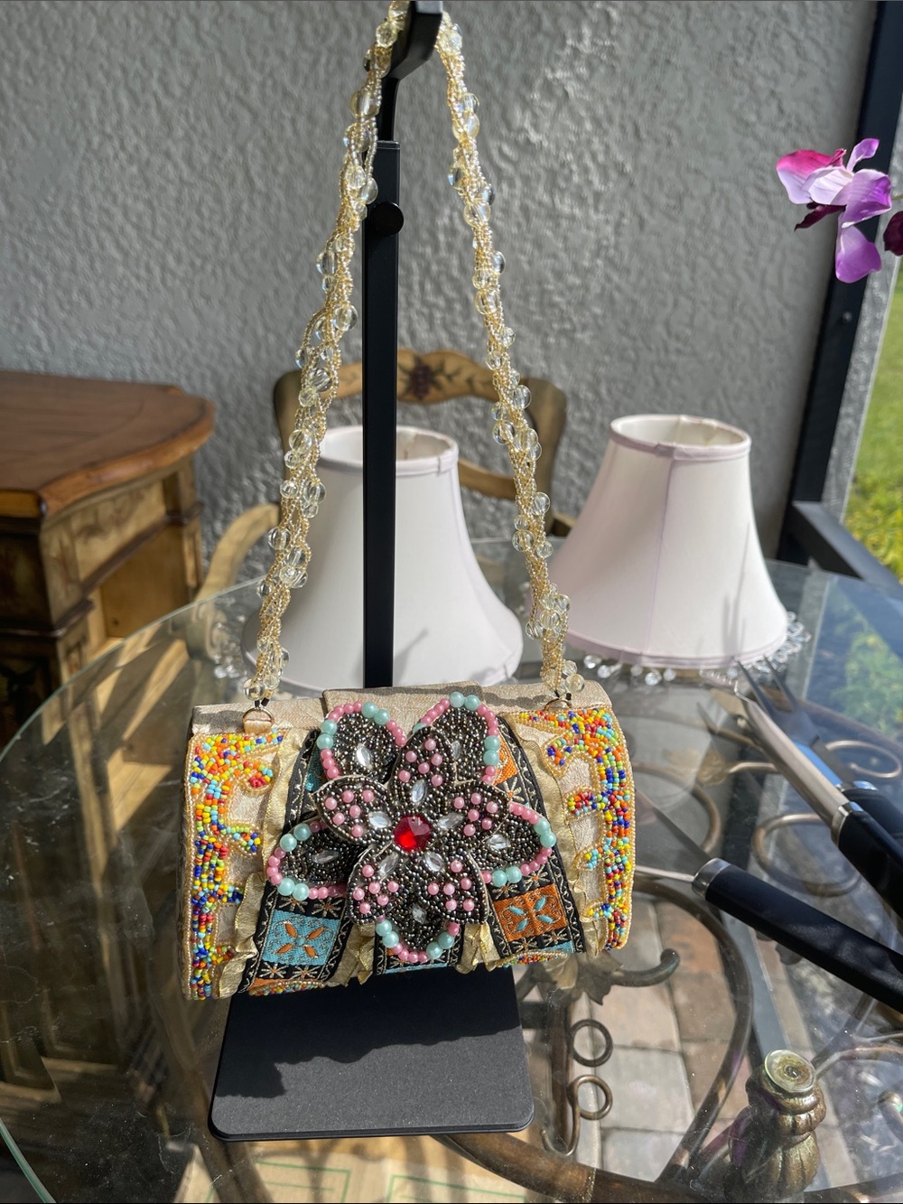 Beaded Floral Evening Clutch in Gold with Multicolor Accents